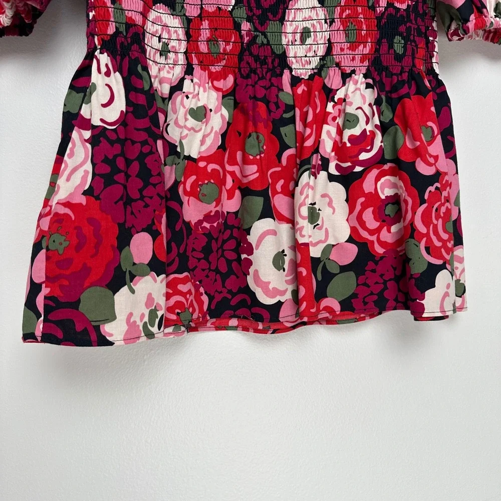 Kate Spade Rosette Blooms Puff Sleeve Smocked Floral Top Red Pink XS